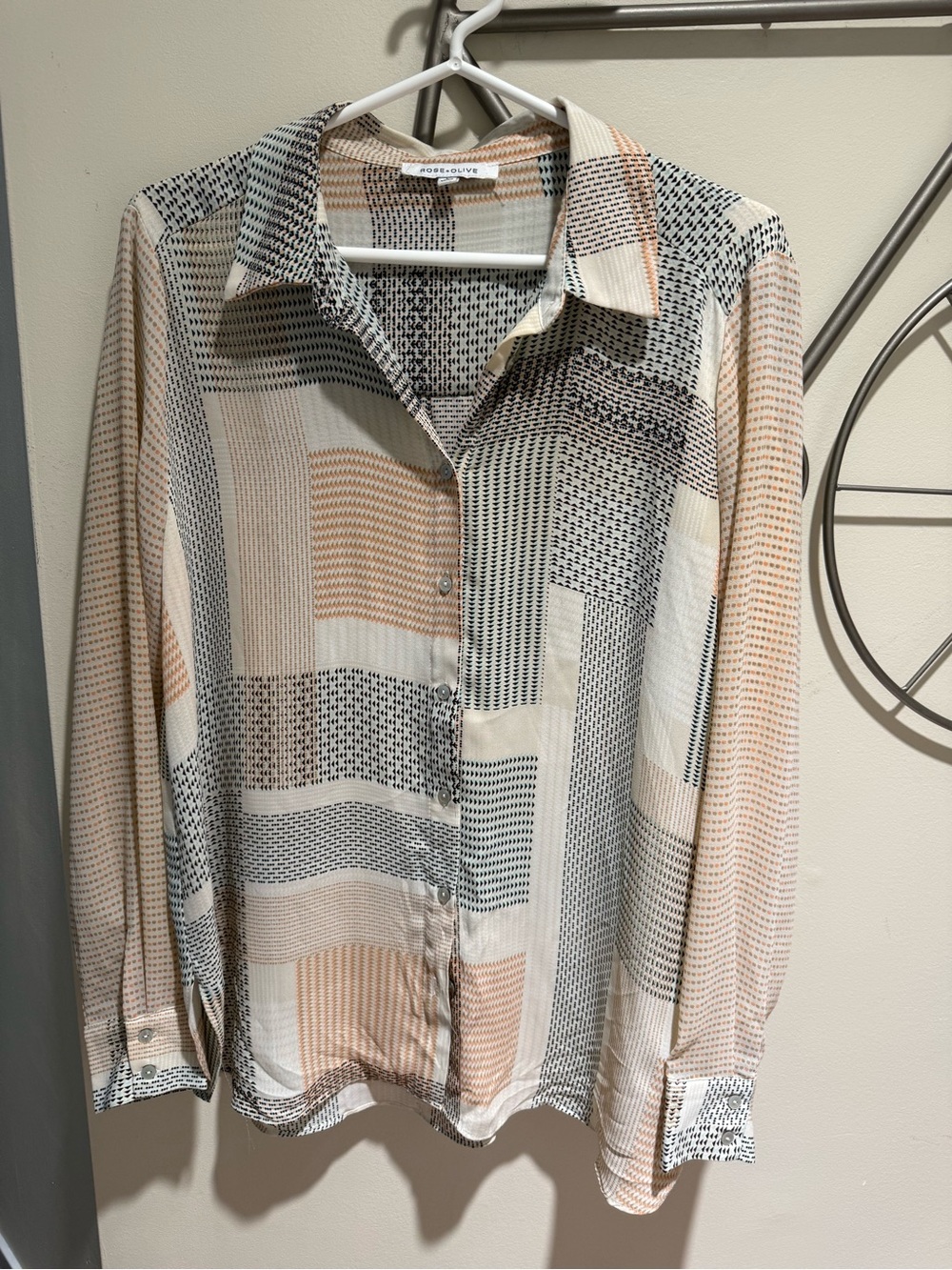 Rose + Olive Patchwork Print Button Down Blouse Long Sleeve Sheer Top - Size L